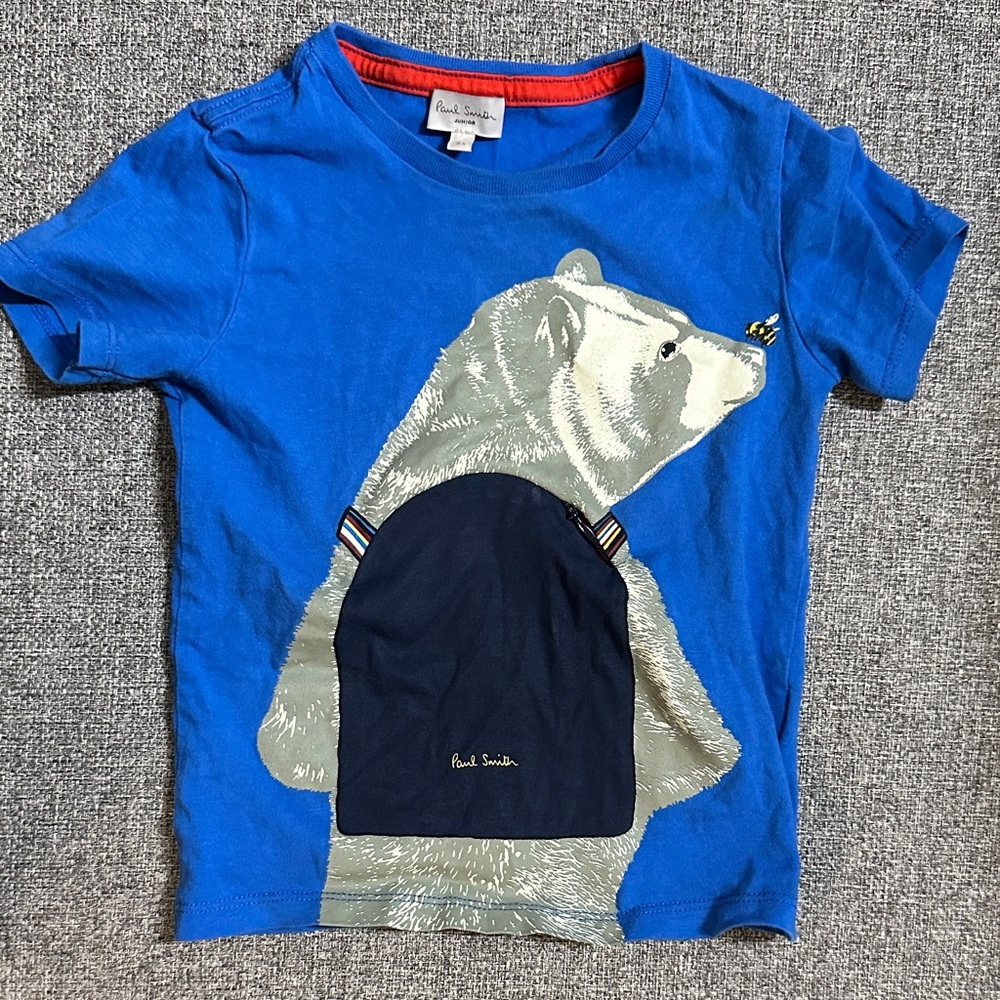 Paul Smith Kids Blue T-Shirt with Bear and Backpack Design